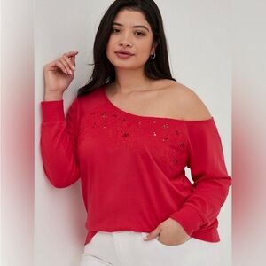Torrid Knit Magenta Embellished Off the Shoulder Sweatshirt Size 2X NWT